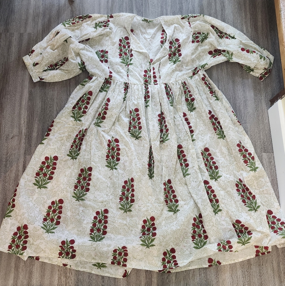 Floral Cotton Dress with Red and Green Accents